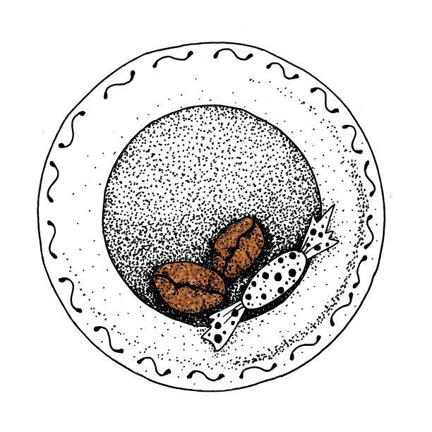 一个装着咖啡豆和糖果的盘子。用于装饰菜单，背景，印刷品，壁纸，封面，卡片，包装，图标咖啡馆图片下载