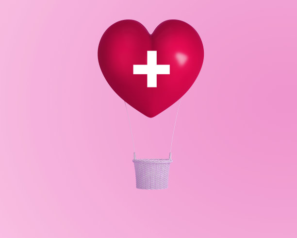 气球红色心形和篮子在空中与图标医疗保健粉粉粉背景。关于健康和医疗保险的概念概念。图片下载