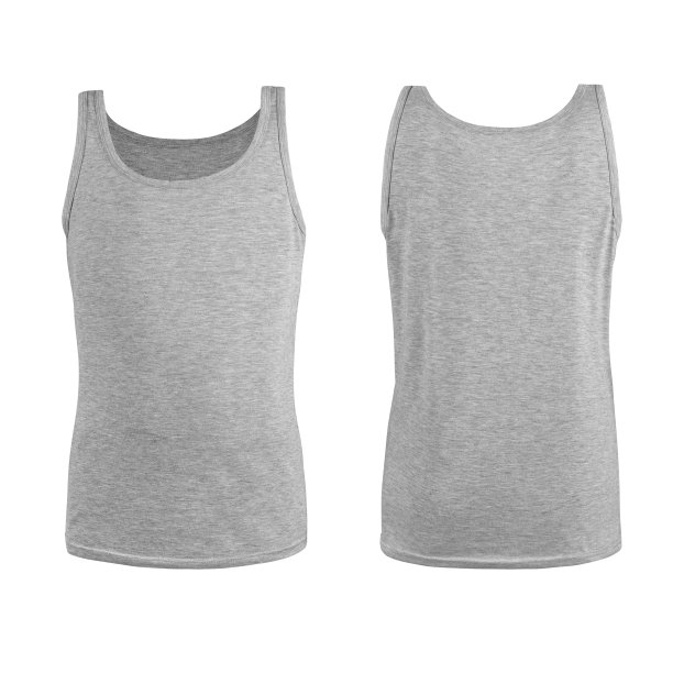 男士灰色空白无袖t恤模板，从两侧，自然形状上看不见的人体模型，为您的设计模型进行打印，孤立在白色背景上。图片下载