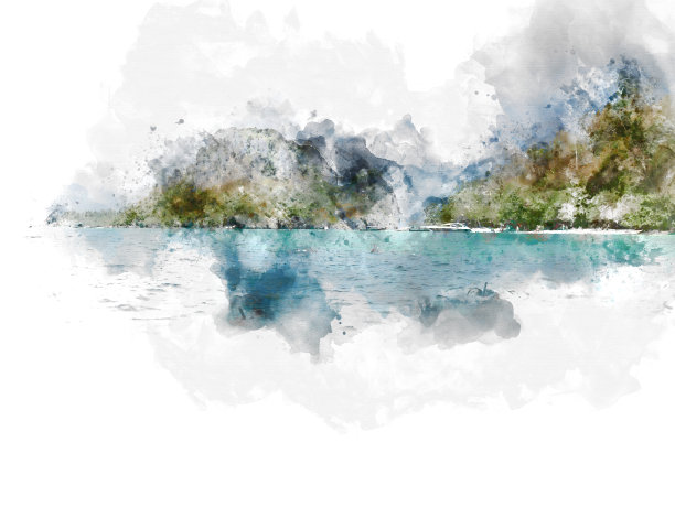 抽象色彩斑斓美丽的山脉和海水，以泰国甲米为背景的水彩插画。图片下载