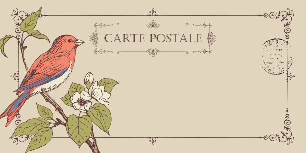 复古明信片上有一只鸟在开花的树上图片下载