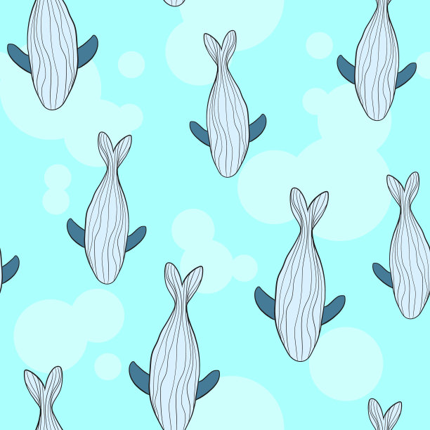 矢量无缝模式与手绘插画鲸鱼在抽象形状的背景在斯堪的纳维亚风格。幼稚的背景与鲸鱼卡通风格。图片下载