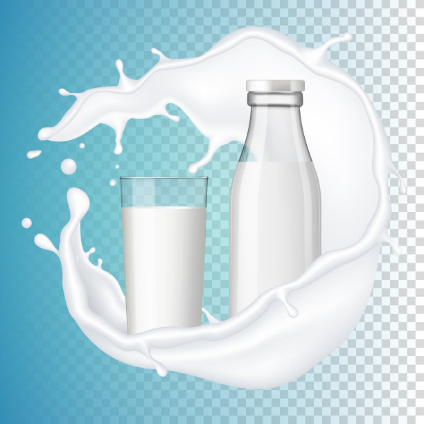 真实的牛奶流和溅与玻璃和瓶子，孤立的蓝色背景。图片下载