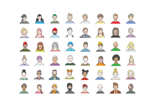 大量的人物角色。线条艺术时尚的女孩和男孩。图标集合。各种发型和配饰的男性和女性卡通人物的头孤立在白色背景上。图片下载