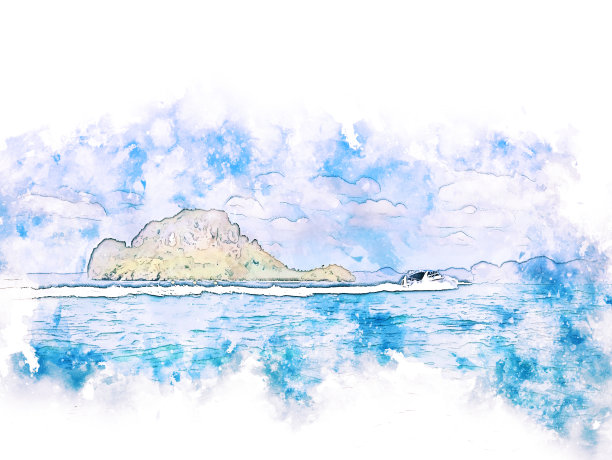 抽象美丽的彩色软浪海和山的水彩画背景，数字插图画笔艺术。图片下载