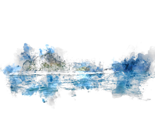 抽象美丽的彩色软浪海和山的水彩画背景，数字插图画笔艺术。图片下载