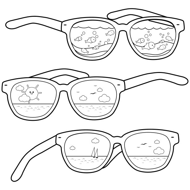 夏日的海滩景象映在太阳镜上。矢量黑白着色页图片下载
