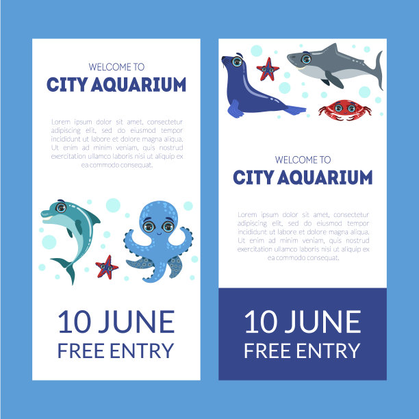 城市水族馆展览横幅模板集，传单，海报，邀请卡与海洋动物矢量插图图片下载