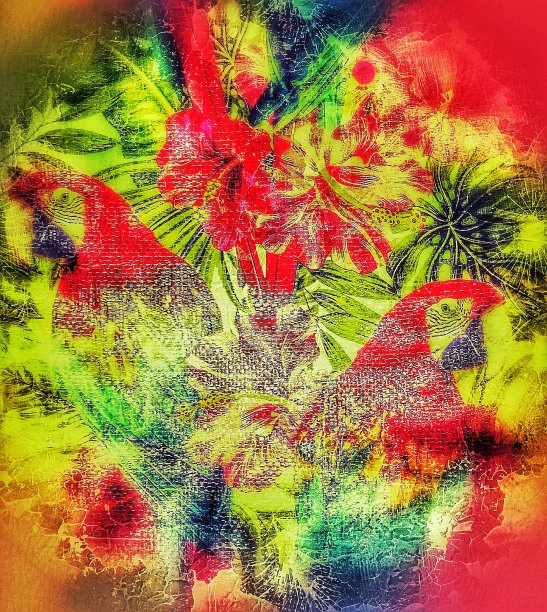 鹦鹉和鲜花纺织图案背景与丰富多彩的效果和充满活力的颜色。图片下载