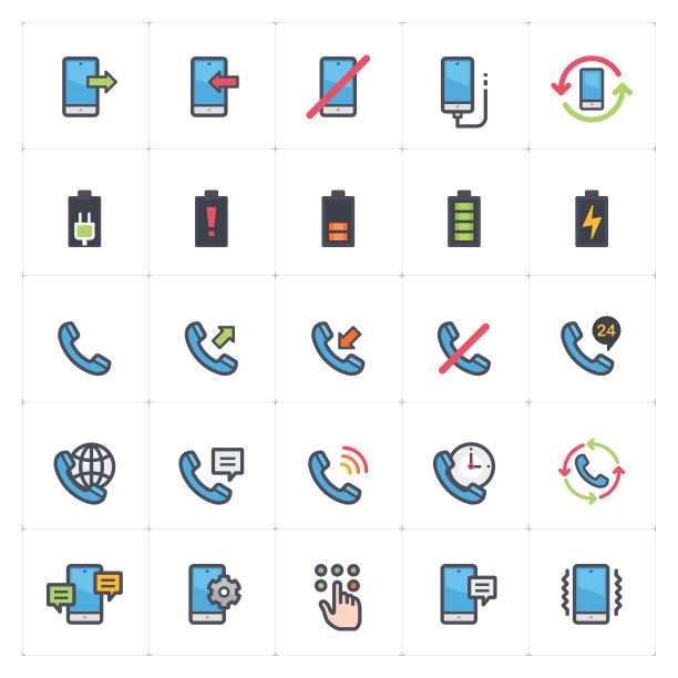 图标集电话和呼叫全彩轮廓笔画矢量插图图片下载