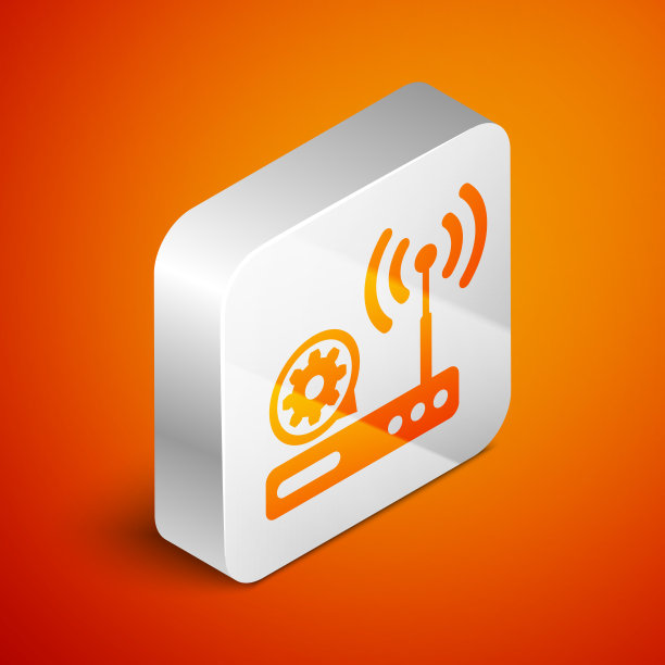 等距路由器和wi-fi信号和齿轮图标隔离在橙色背景上。调整app，服务理念，设置选项，维护，维修，固定。银广场按钮。矢量图图片下载