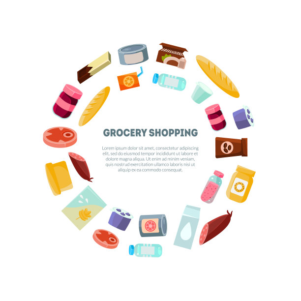 杂货店购物横幅模板，日常产品，杂货店在圆形形状矢量插图图片下载