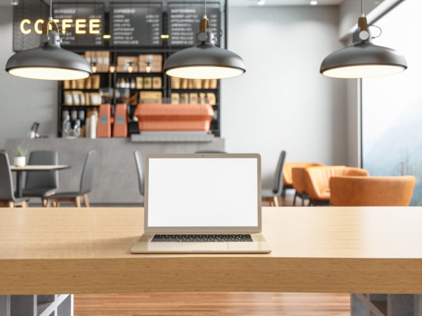 咖啡店的黑屏笔记本电脑图片下载