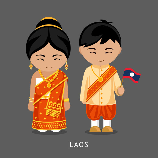 身穿民族服装、手持国旗的老挝人图片下载