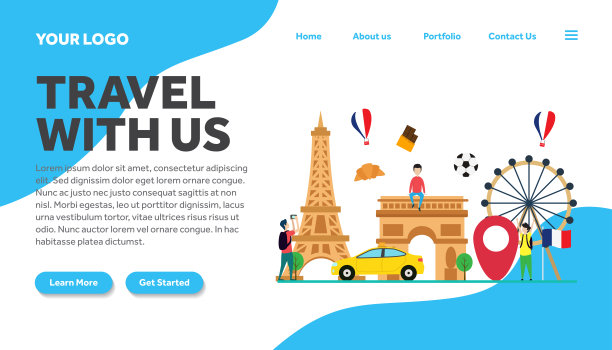 法国巴黎创意插画登陆页面模板巴黎矢量图形，法国巴黎平面风格插画矢量，登陆页面模板，用于网站模板图片下载