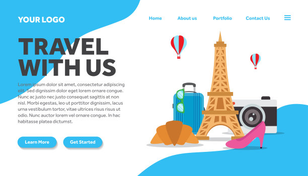 法国巴黎创意插画登陆页面模板巴黎矢量图形，法国巴黎平面风格插画矢量，登陆页面模板，用于网站模板图片下载