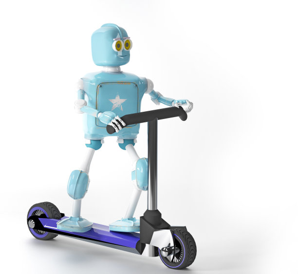 滑板车上的复古机器人，3d，渲染。图片下载