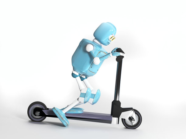 滑板车上的复古机器人，3d，渲染。图片下载