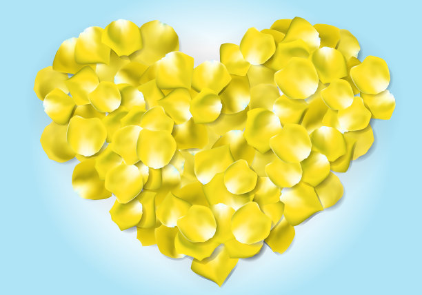 黄色玫瑰花瓣心形，蓝色背景。矢量插图。图片下载