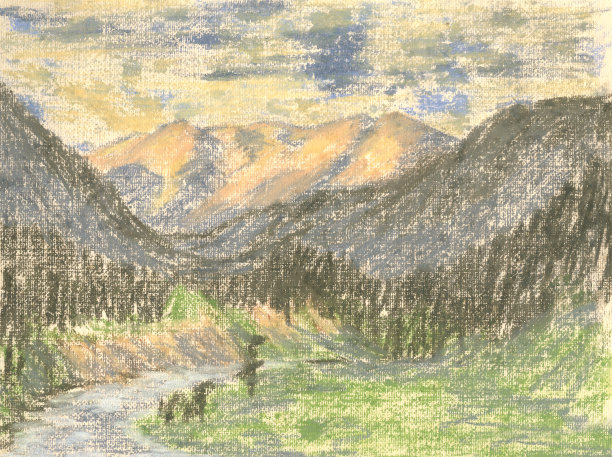 山景，粉彩画山在地平线上图片下载