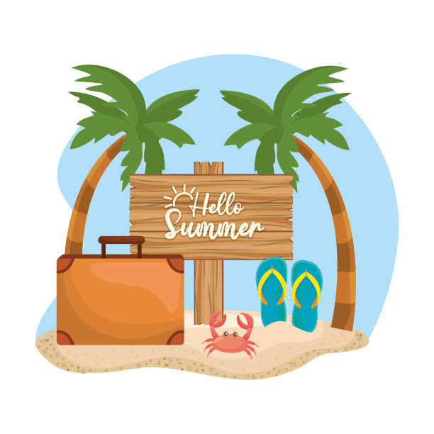 棕榈树，公文包和拖鞋和螃蟹在海滩上图片下载