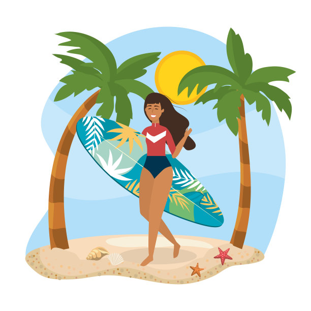 女人穿着泳衣，冲浪板和棕榈树图片下载