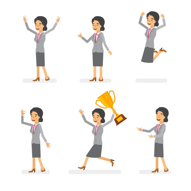 Vector年轻的成年女性在办公室套装现成的性格成功和积极的情绪姿态设置在平坦的风格。图片下载