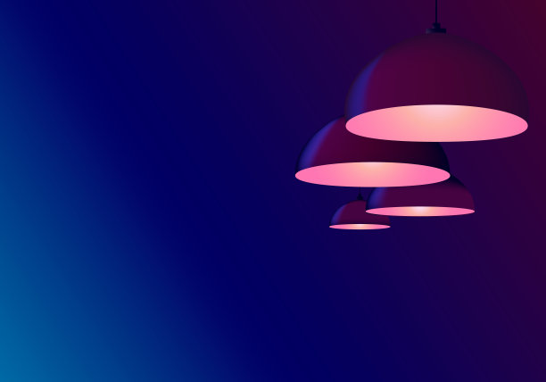 抽象的霓虹蓝色背景。天花板上的灯具。悬挂在咖啡馆或台球桌上方的台灯。挂件灯泡闪着冷粉色。复制空间的文本，模板。图片下载