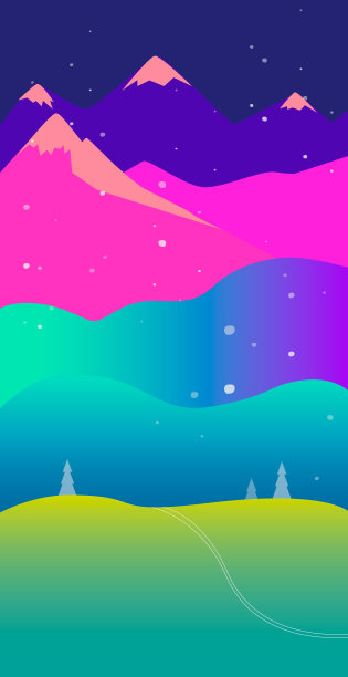 奇异的山景在梦幻般的鲜艳霓虹辉光未来主义色彩调色板热粉色，红色，石灰绿，绿松石，铁蓝色和极简主义的平面设计风格图片下载