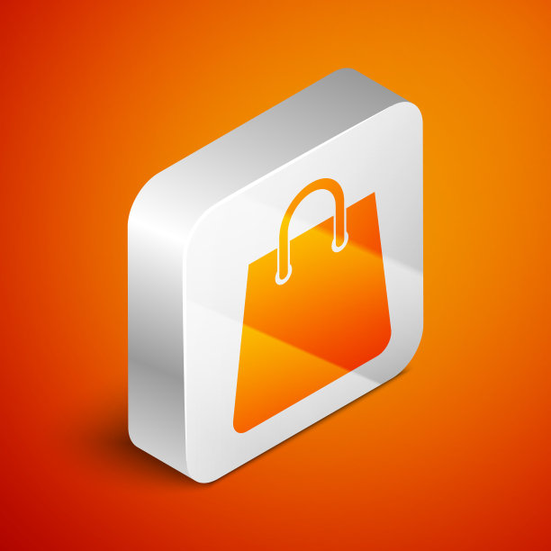 等距手提包图标孤立在橙色背景。购物袋迹象。女人包图标。女性手袋的迹象。魅力休闲的行李。银广场按钮。矢量图图片下载