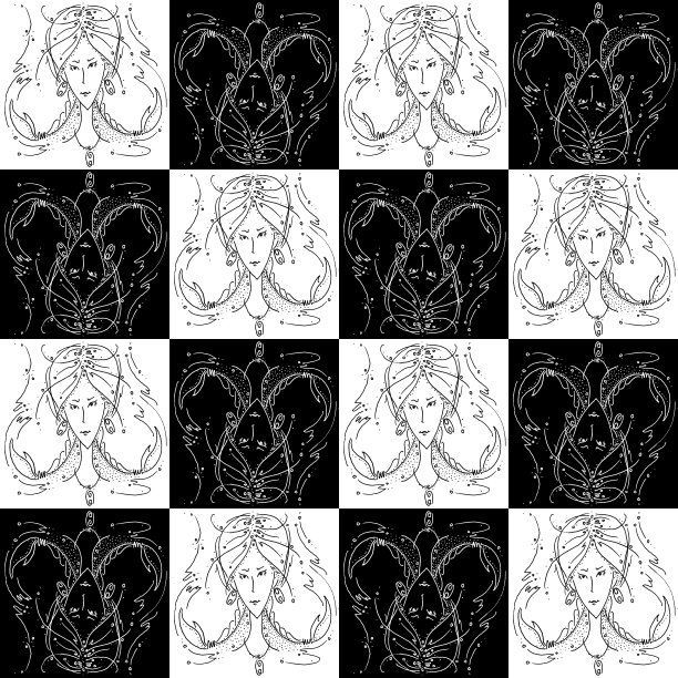 无缝纹理的黄道带巨蟹座黑色和白色的drawing女孩爪子与辫子癌症的形式图片下载