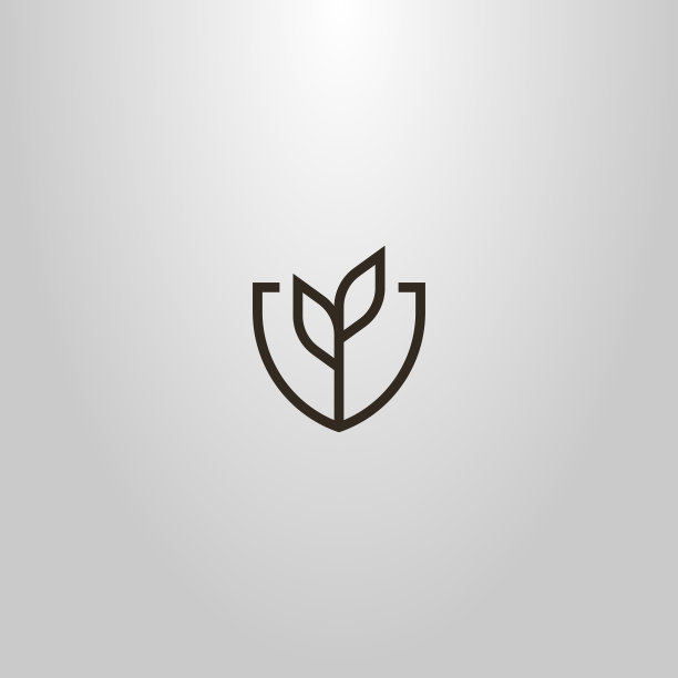 简单的矢量线艺术几何符号植物与两个叶子在盾形框架图片下载