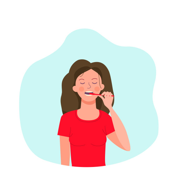 年轻女子正在刷牙。矢量平面风格的插图。图片下载