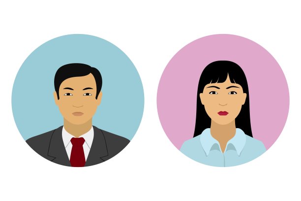 一组男性和女性图标。亚洲男人和女人。向量图片下载