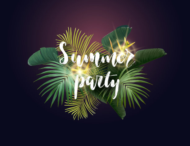 夏季热带矢量设计与异国情调的绿色棕榈叶，花和处理在黑暗的背景。图片下载