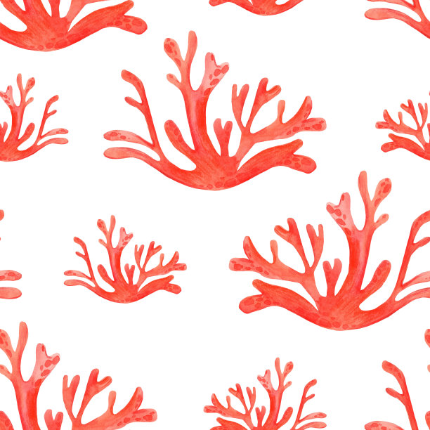 水彩珊瑚礁无缝图案。手绘卡通背景设计珊瑚，白色背景。背景为儿童纸，织物设计。图片下载