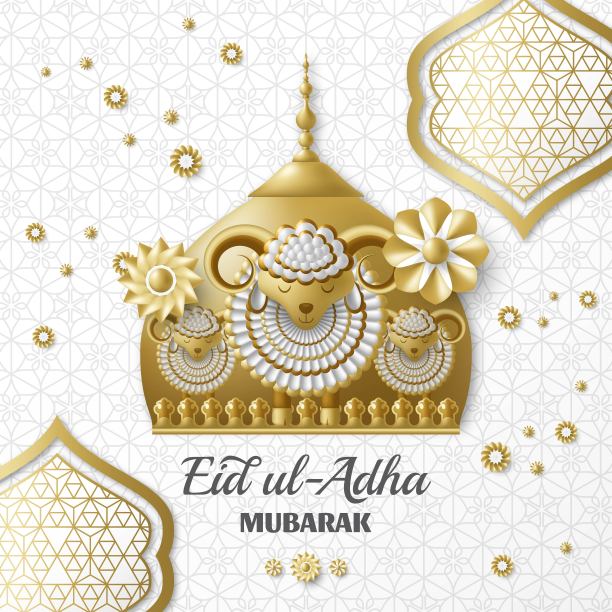 古尔邦节背景。伊斯兰阿拉伯灯笼和绵羊。贺卡。祭祀节。矢量插图。图片下载