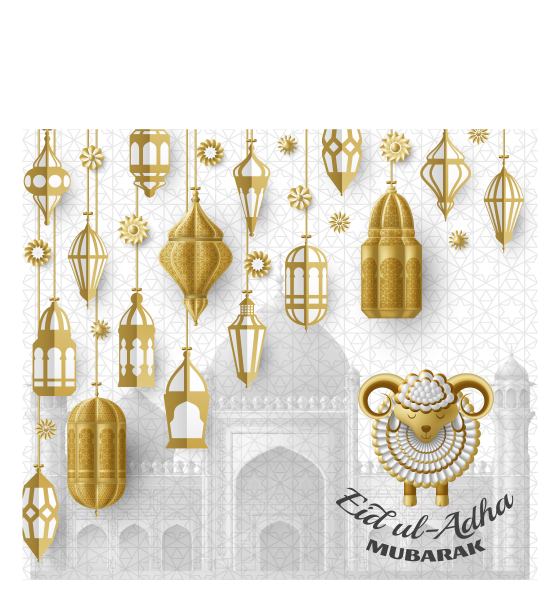 古尔邦节背景。伊斯兰阿拉伯灯笼和绵羊。贺卡。祭祀节。矢量插图。图片下载