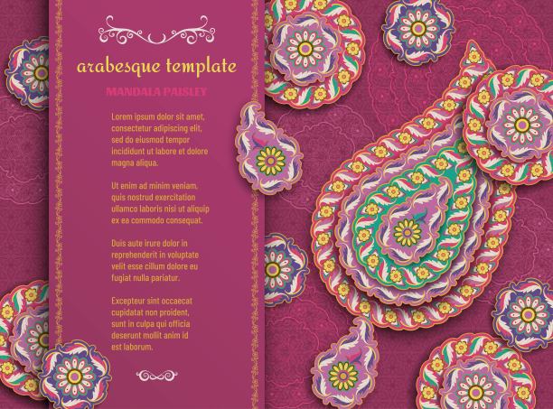 紫色阿拉伯花纹与涡纹和曼荼罗。花和叶子的图案。矢量插图。图片下载