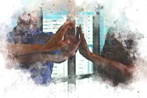 抽象的彩色握手为企业团队合作概念上的水彩插画背景画。图片下载