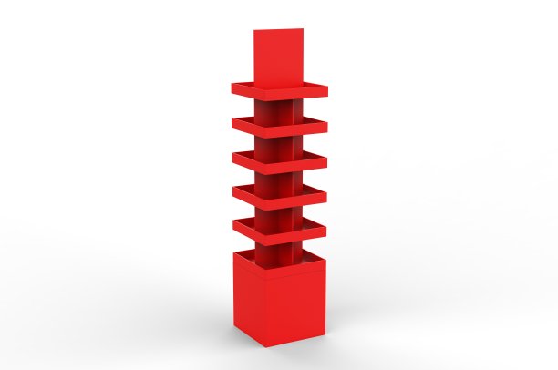 空白广告瓦楞超市零售促销硬纸板展示货架宠物产品零食巧克力方便面。3d渲染插图。图片下载