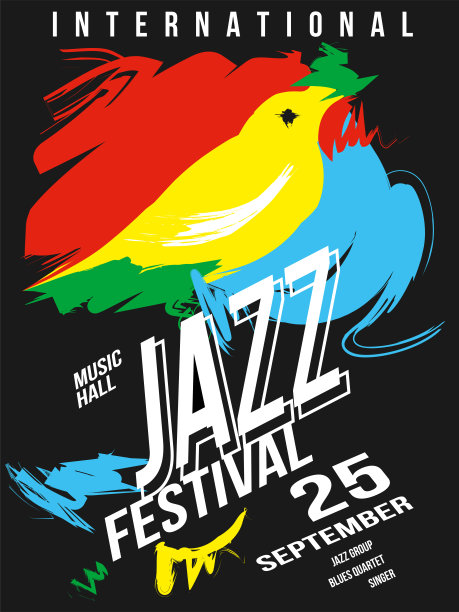 爵士音乐节海报。概念设计与抽象绘画的鸣鸟。图片下载