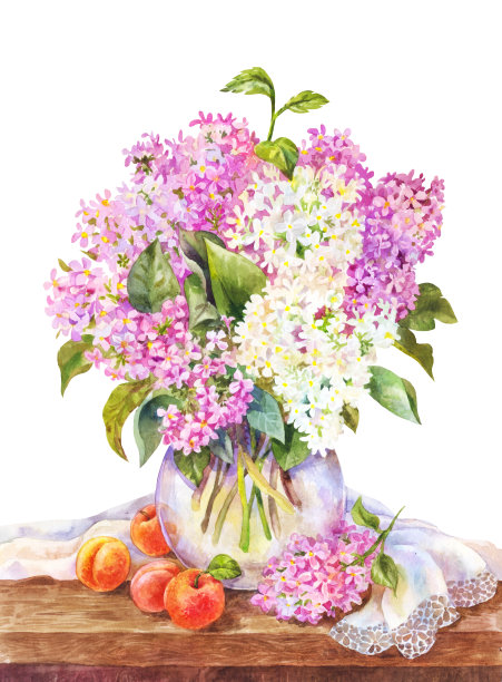 花瓶里放着水彩丁香，木桌上放着杏子图片下载