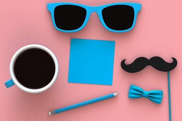 快乐的父亲节概念与咖啡，胡子和眼镜在粉红色的背景，顶视图与复制空间，3d渲染图片下载