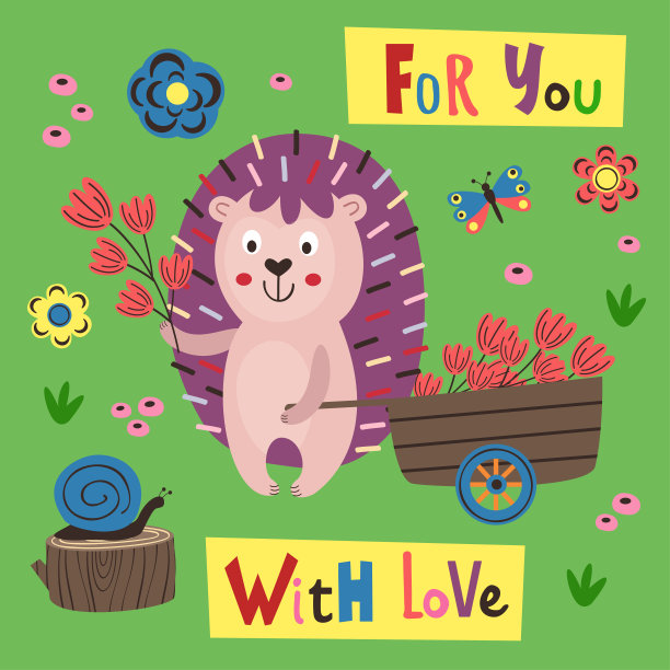 海报上有一只彩色的刺猬和一辆手推车图片下载