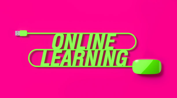 绿色鼠标电缆形成在线学习文本在粉红色的背景图片下载