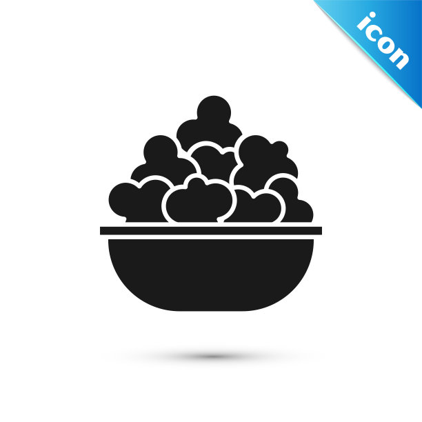 黑色爆米花在碗图标孤立的白色背景。爆米花桶框。矢量图图片下载