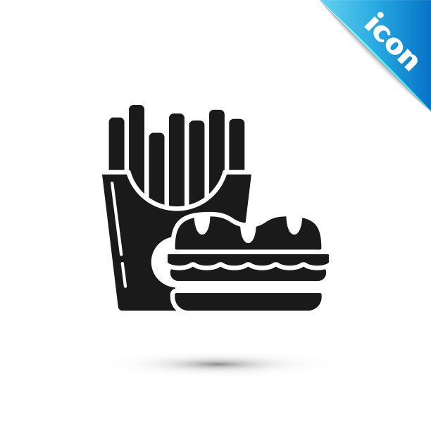 黑汉堡和炸薯条在纸盒包装盒图标孤立的白色背景。汉堡，汉堡，芝士汉堡三明治。快餐菜单。矢量图图片下载