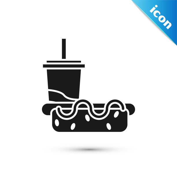 黑色的纸玻璃与饮用吸管和热狗图标孤立在白色背景。苏打水饮料标志。汉堡包,汉堡包三明治。矢量图图片下载