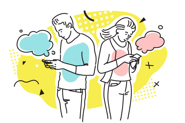 年轻男女正在使用智能手机。五彩缤纷的矢量插图。图片下载